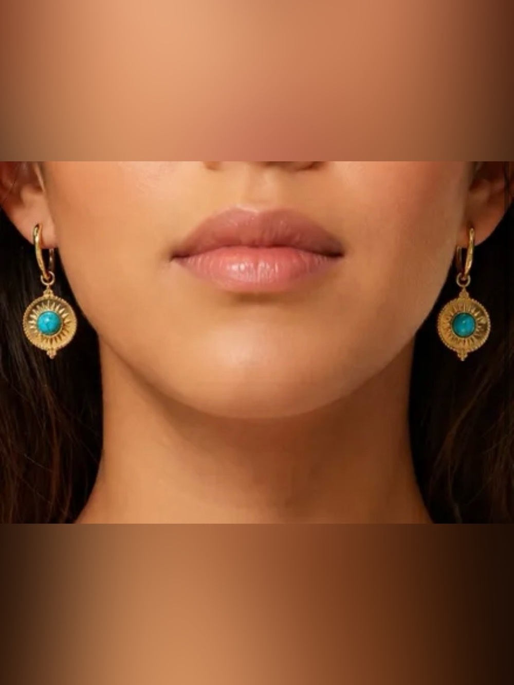 Gold Hoop Drop Earrings with Turquoise Center